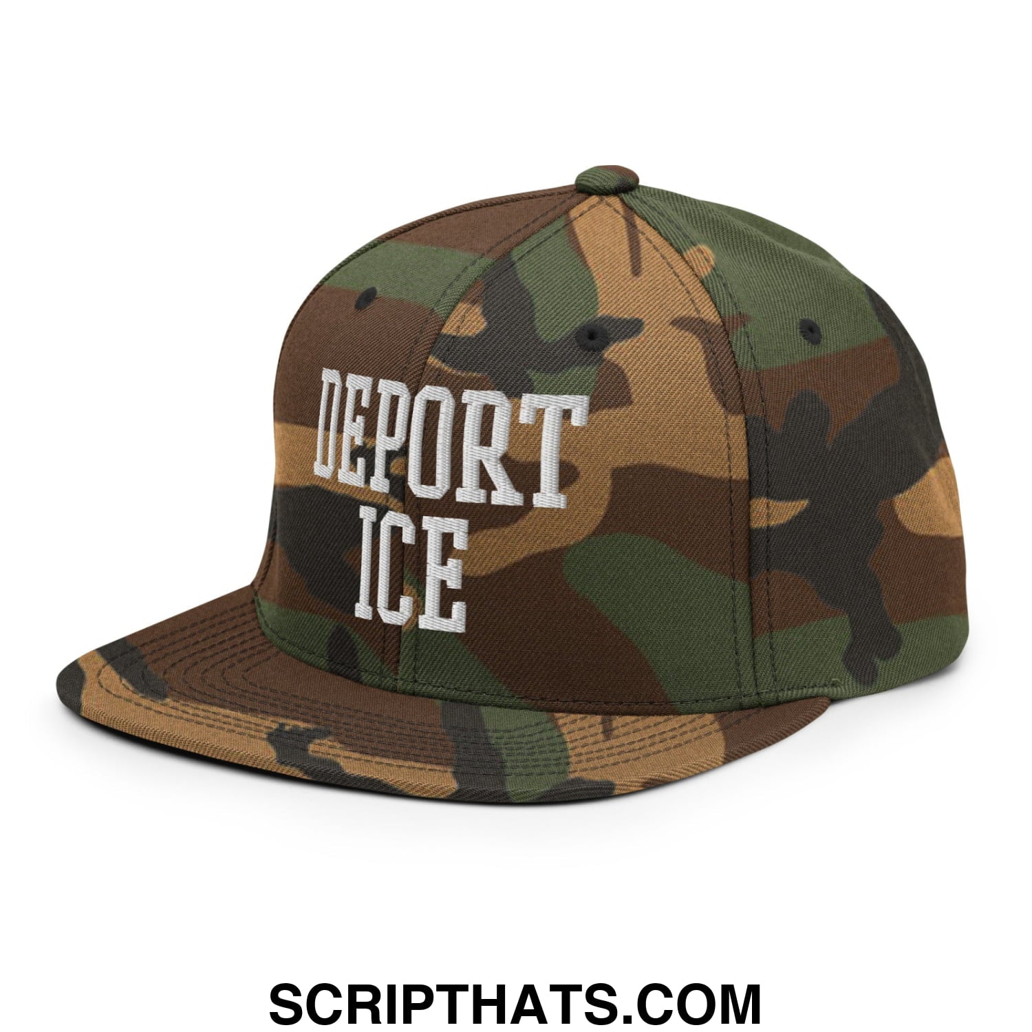 A camouflage snapback hat with white deport ice embroidered flat bill brim design