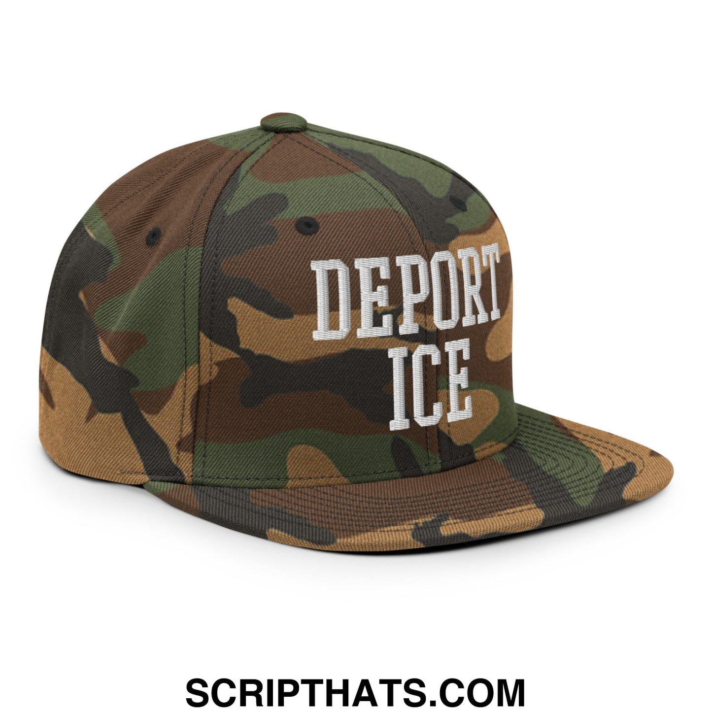 A camouflage snapback hat with flat bill brim and white deport ice embroidery on front panel