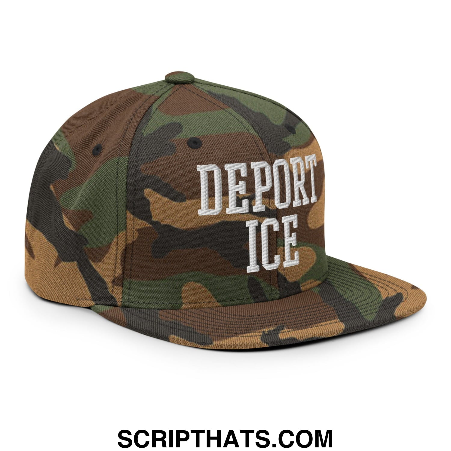 A camouflage snapback hat with flat bill brim and white deport ice embroidery on front panel