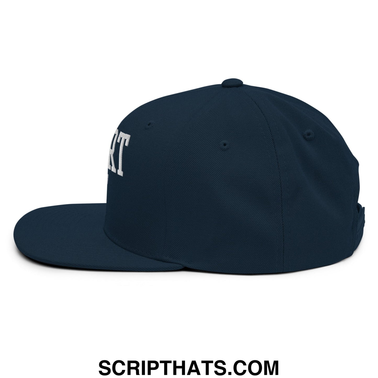 Dark navy blue Deport ICE snapback hat with flat bill brim and white embroidered lettering on the side