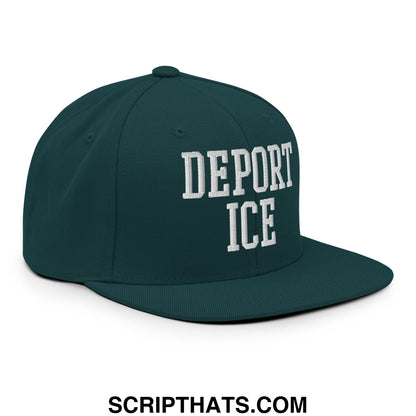 Dark green snapback hat with white embroidered deport ice text and flat bill brim for casual wear