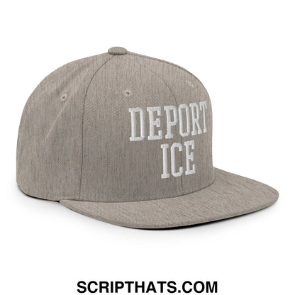Gray snapback hat with white embroidered deport ice lettering and flat bill brim designed for casual wear
