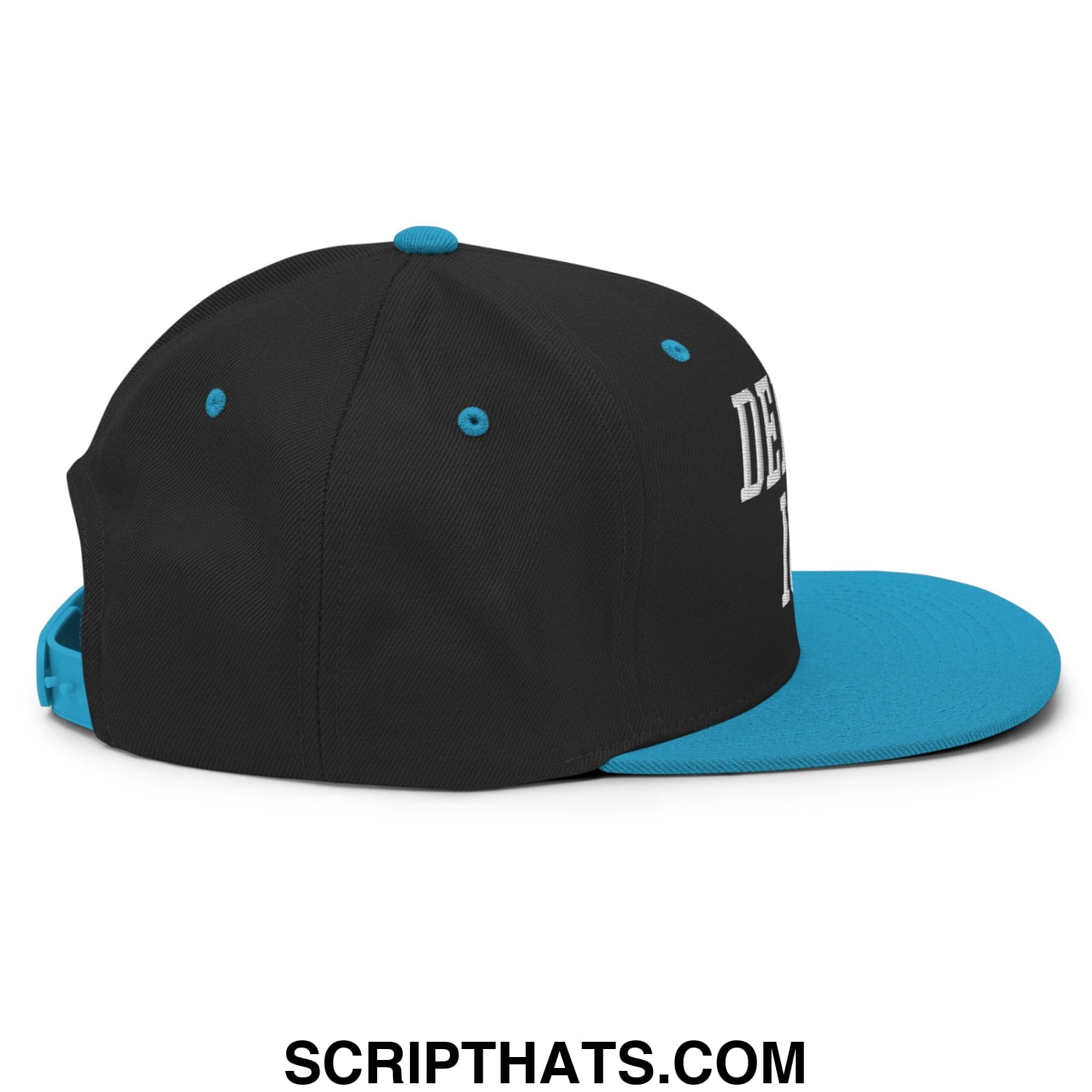 Black and teal Deport ICE snapback hat with white embroidered lettering and flat bill brim