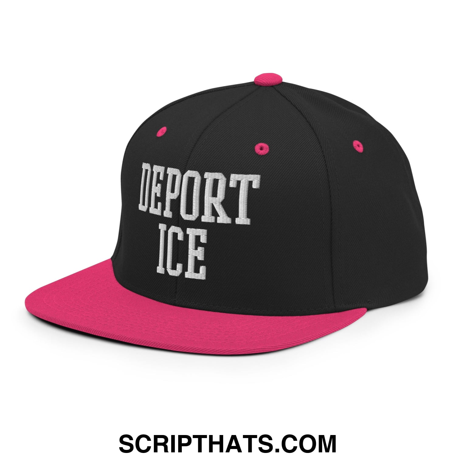 Black and pink flat bill brim snapback hat with white embroidered deport ice text on the front panel