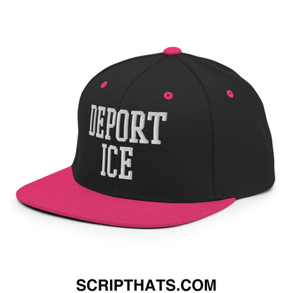 Black and pink flat bill brim snapback hat with white embroidered deport ice text on the front panel