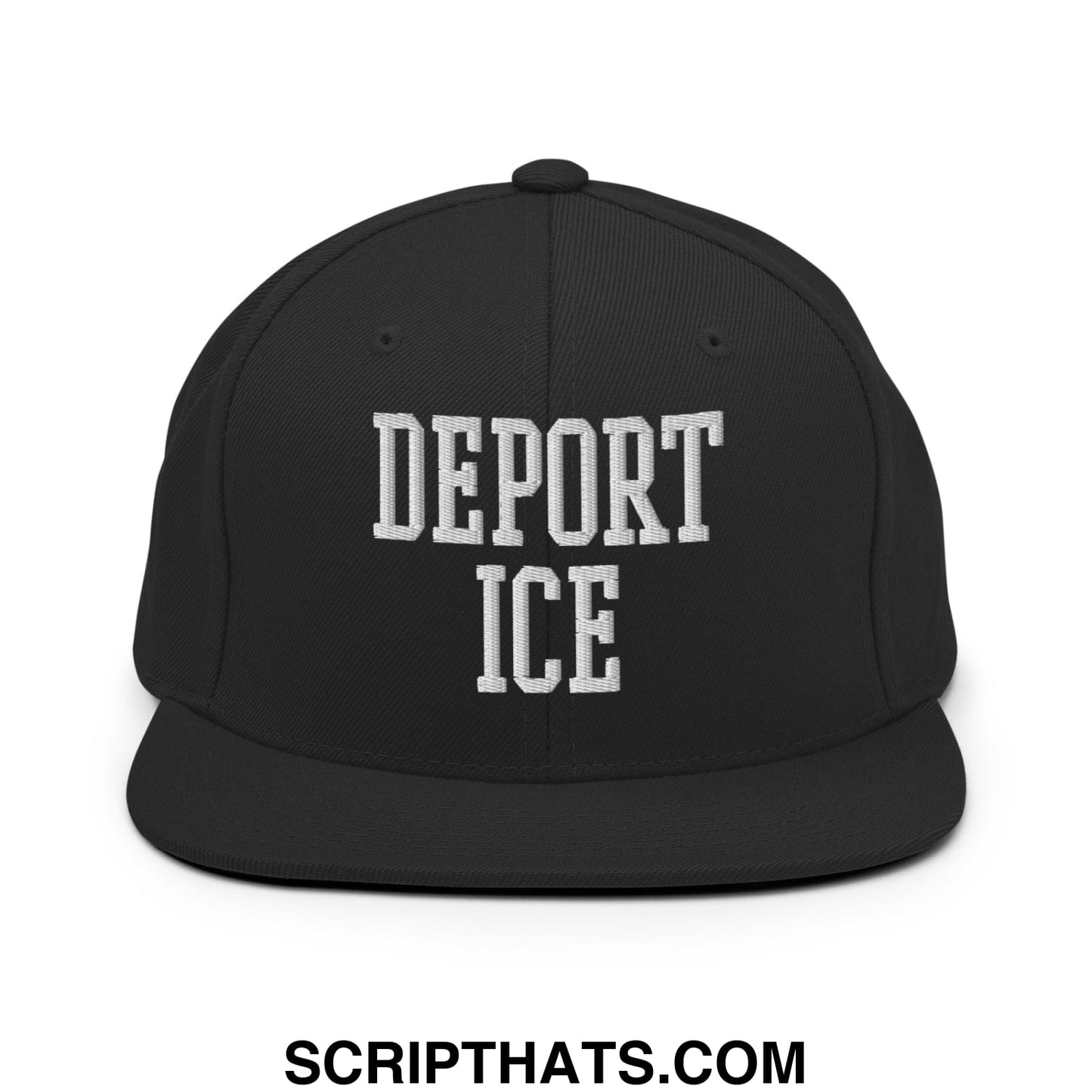 Black snapback cap with white embroidered deport ice text in classic collegiate font on flat bill brim