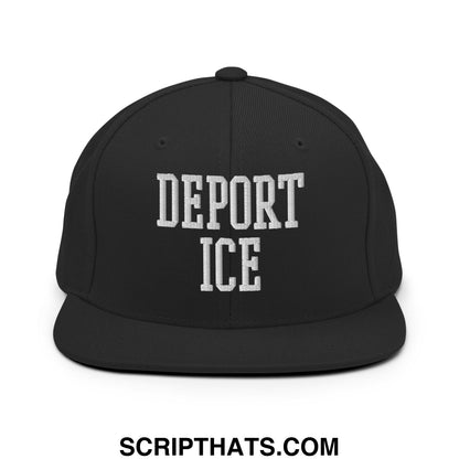 Black snapback cap with white embroidered deport ice text in classic collegiate font on flat bill brim