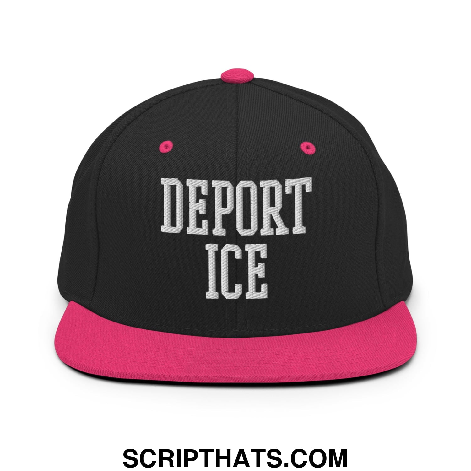 Black snapback cap with vibrant pink brim and button featuring bold white deport ice embroidery on front