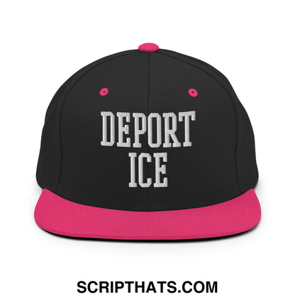 Black snapback cap with vibrant pink brim and button featuring bold white deport ice embroidery on front