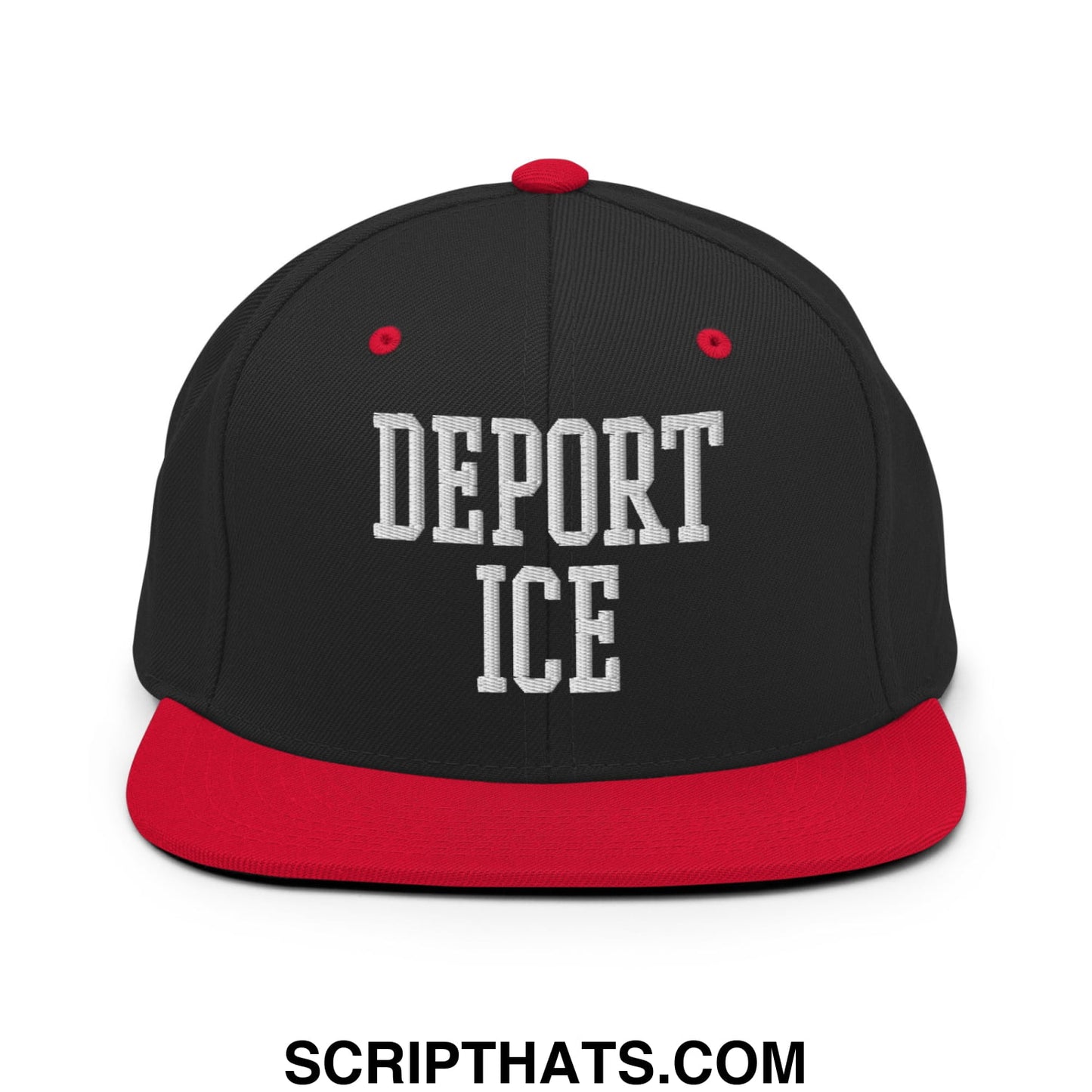 Black and red snapback hat with white embroidered deport ice text flat bill brim for casual wear