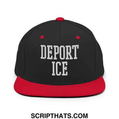Black and red snapback hat with white embroidered deport ice text flat bill brim for casual wear