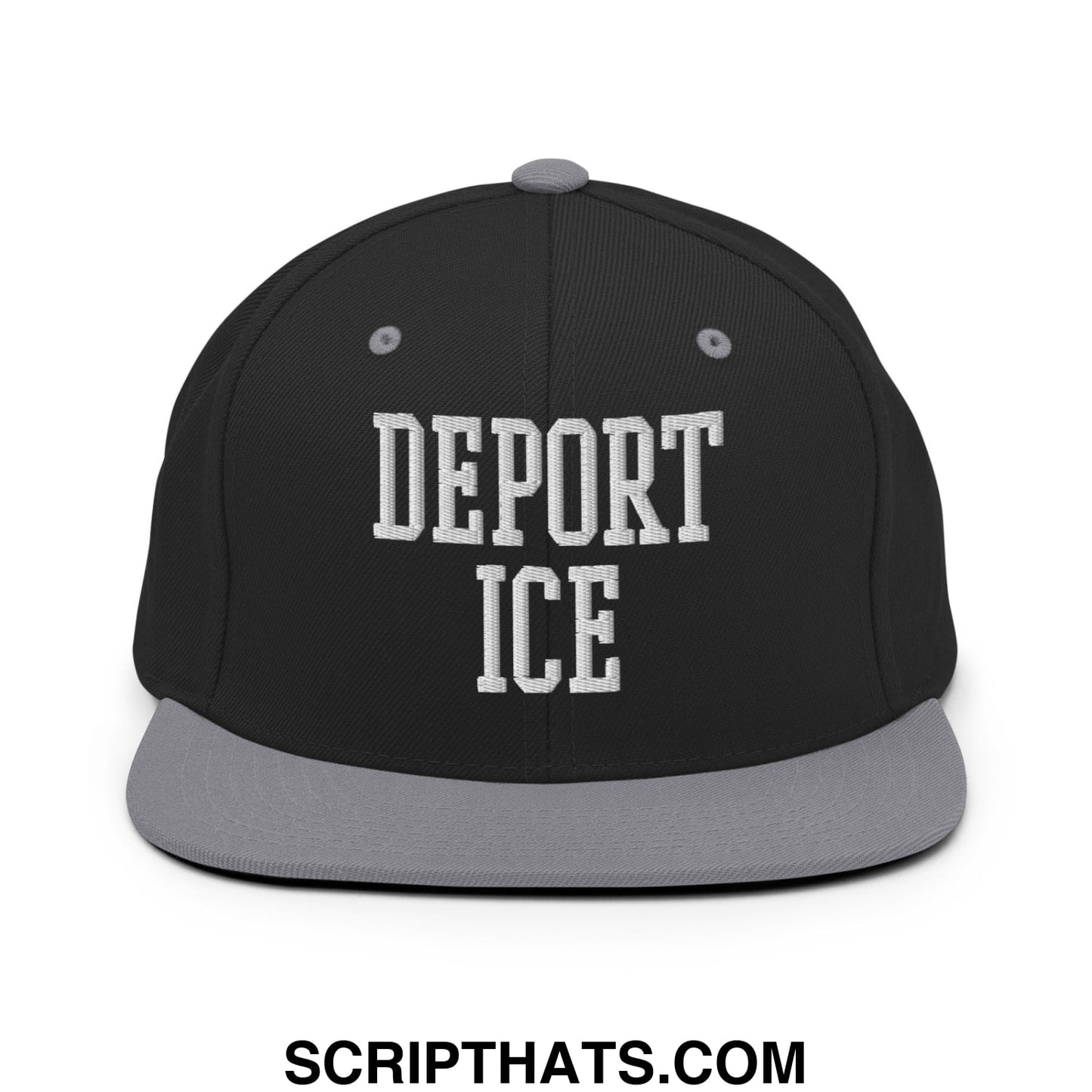 Black and gray snapback hat with white embroidered deport ice lettering and flat bill brim