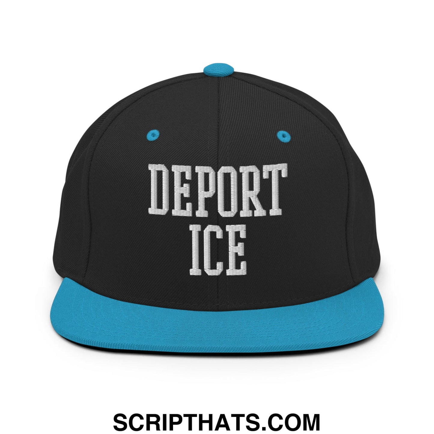 Black snapback hat with flat bill, teal brim and button, featuring white deport ice embroidered lettering