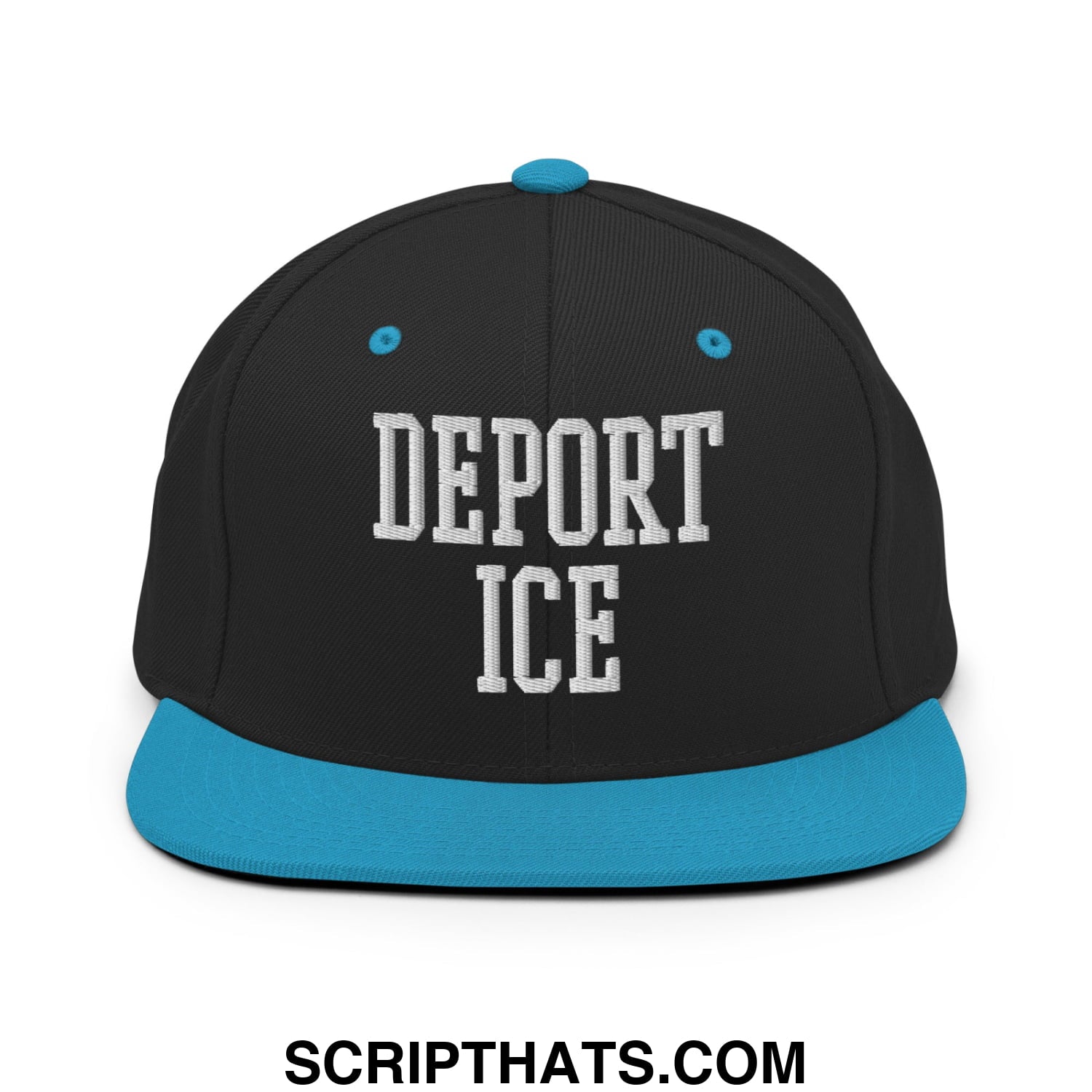 Black snapback hat with flat bill, teal brim and button, featuring white deport ice embroidered lettering