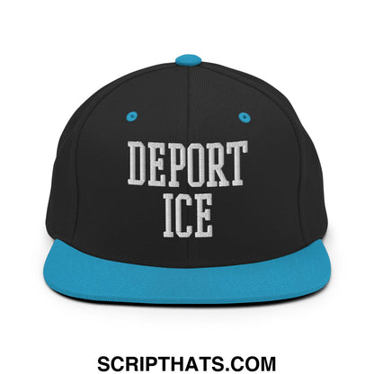 Black snapback hat with flat bill, teal brim and button, featuring white deport ice embroidered lettering