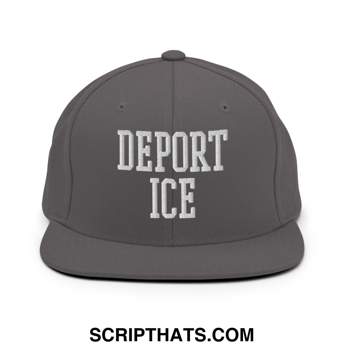 Gray snapback hat with white embroidered deport ice text and flat bill brim in a casual streetwear style