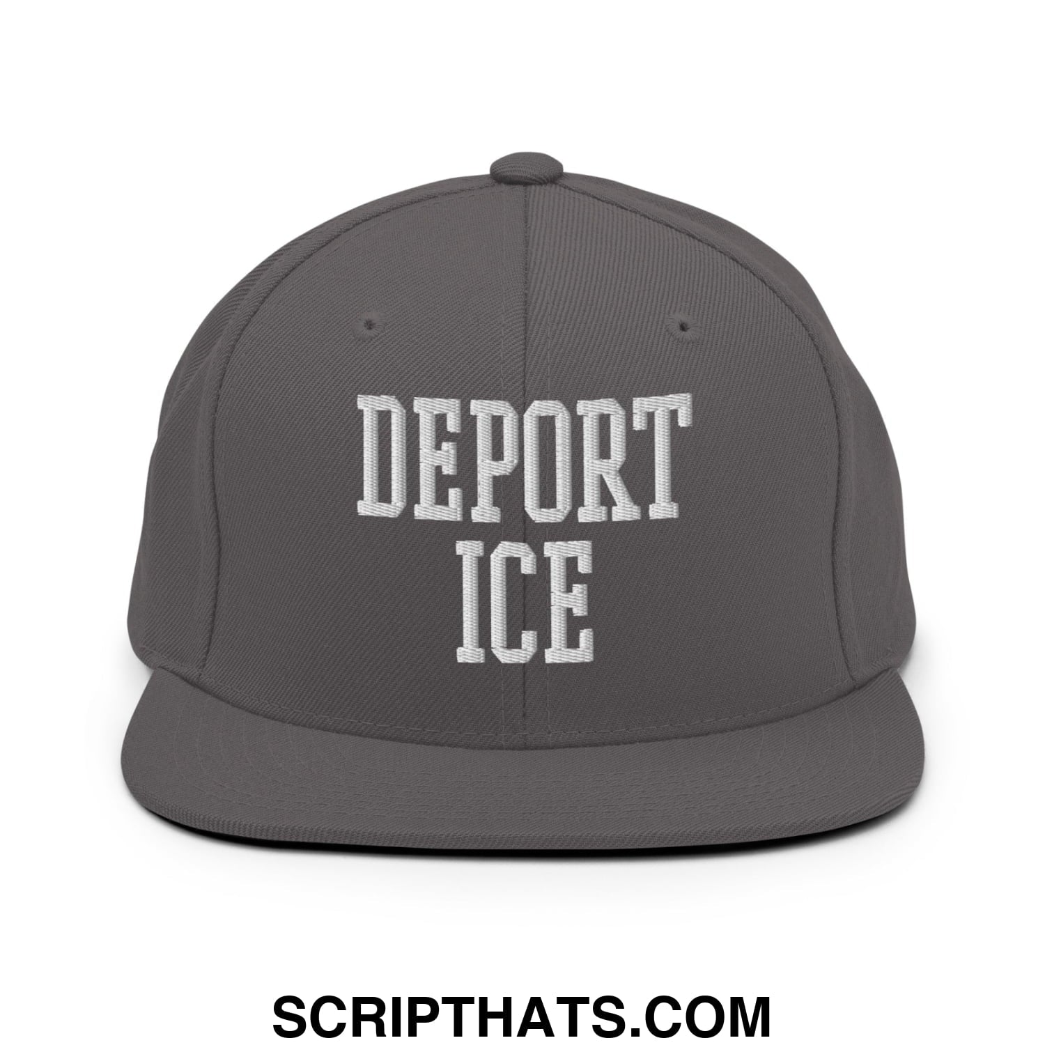 Gray snapback hat with white embroidered deport ice text and flat bill brim in a casual streetwear style