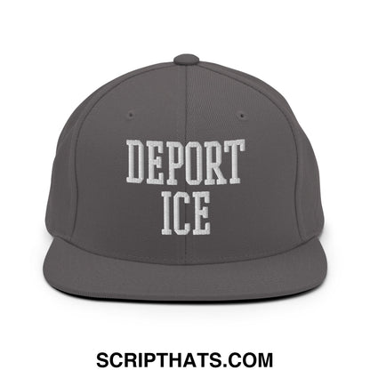 Gray snapback hat with white embroidered deport ice text and flat bill brim in a casual streetwear style