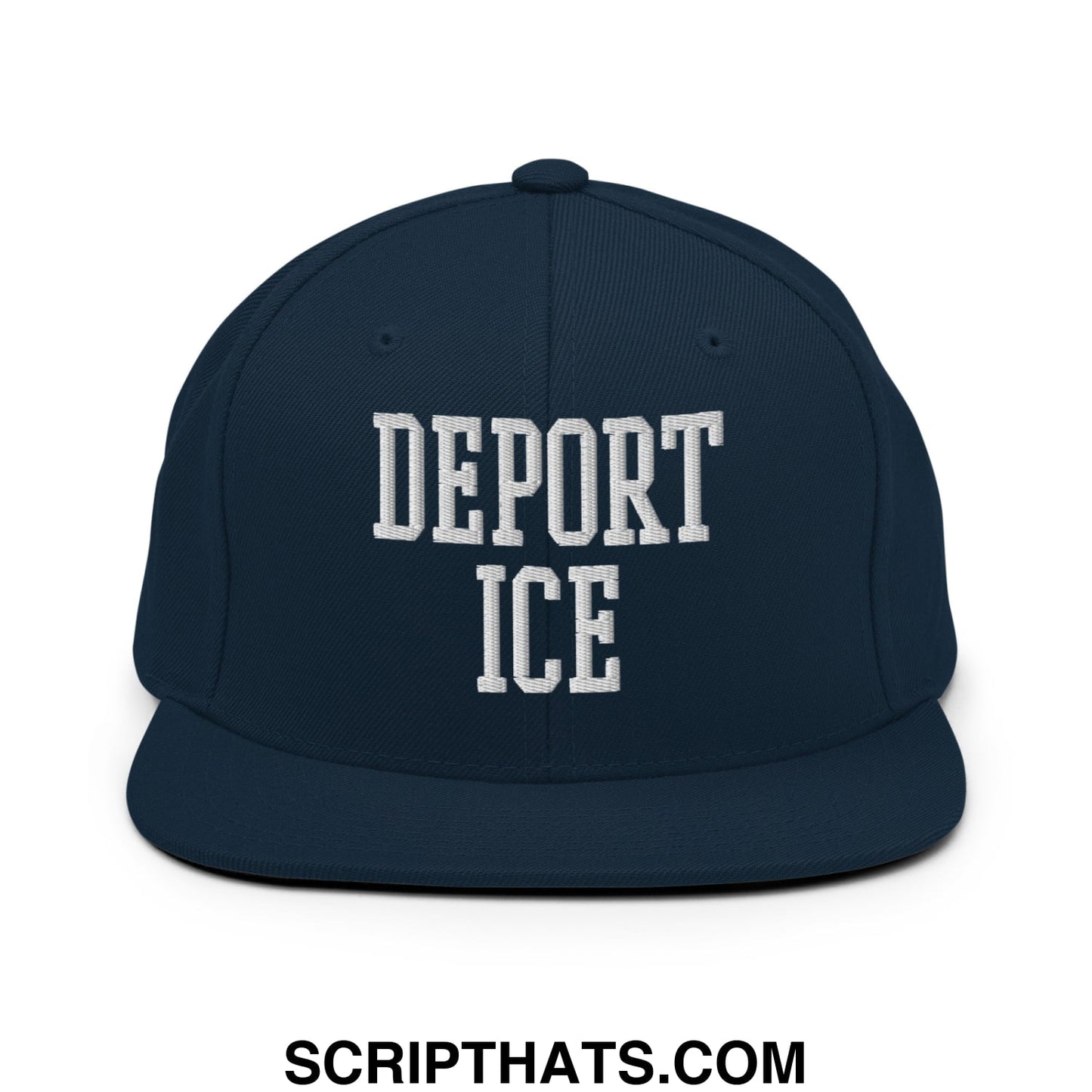Navy blue snapback hat with white embroidered deport ice text in a collegiate font and flat bill brim