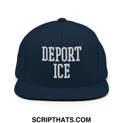 Navy blue snapback hat with white embroidered deport ice text in a collegiate font and flat bill brim