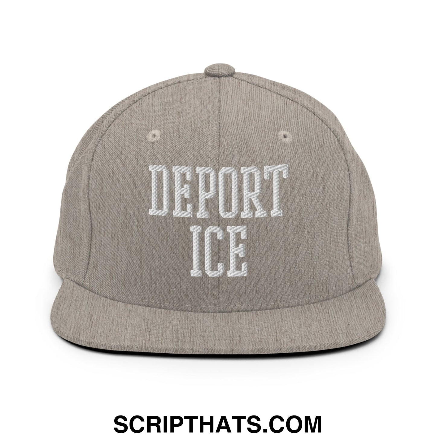 A heather gray snapback hat with white embroidered deport ice lettering and a flat bill brim