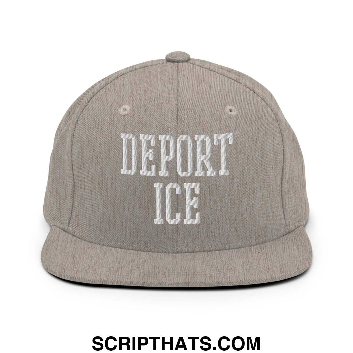 A heather gray snapback hat with white embroidered deport ice lettering and a flat bill brim