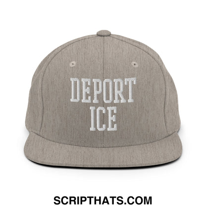 A heather gray snapback hat with white embroidered deport ice lettering and a flat bill brim