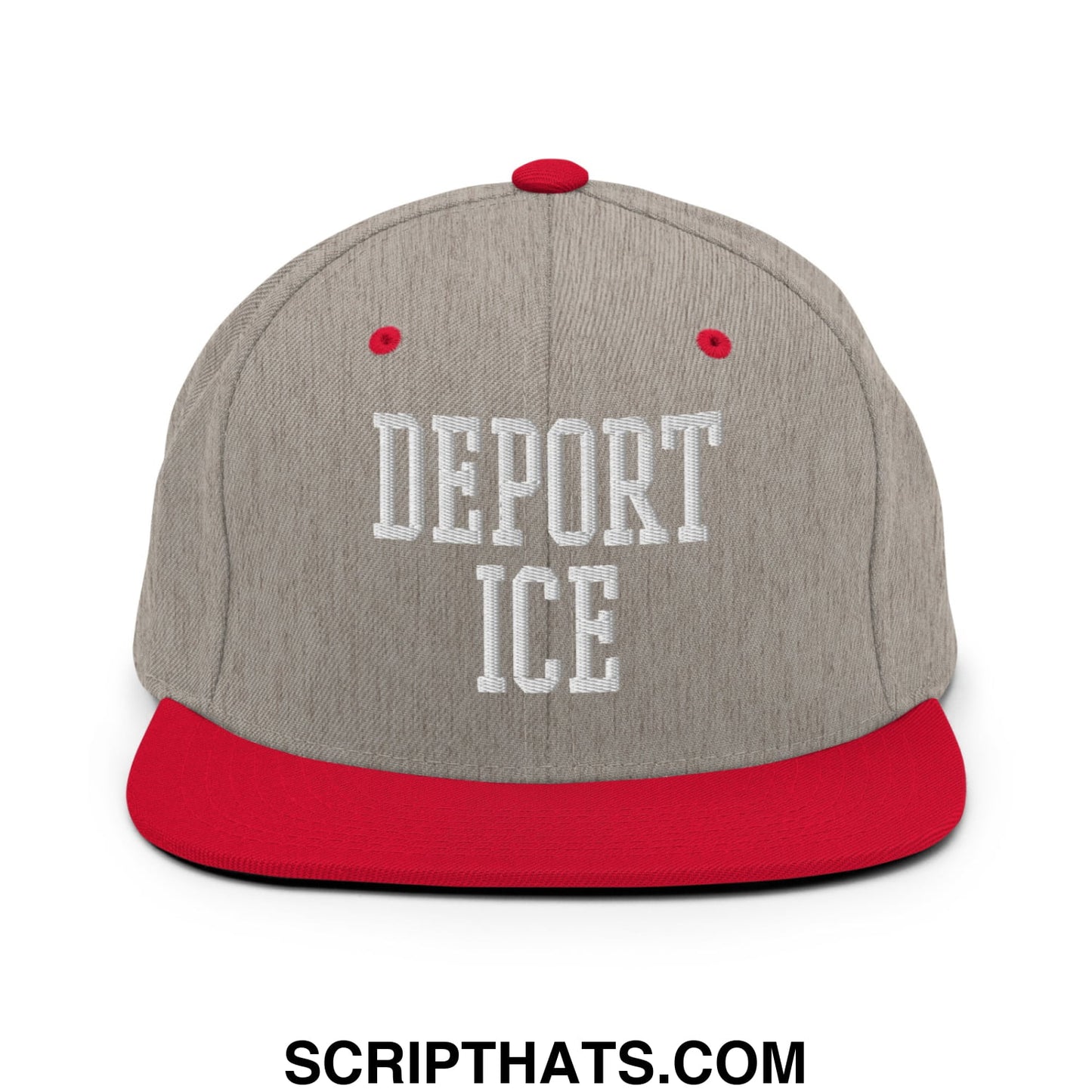 Gray and red snapback cap with white embroidered deport ice text flat bill brim for casual wear