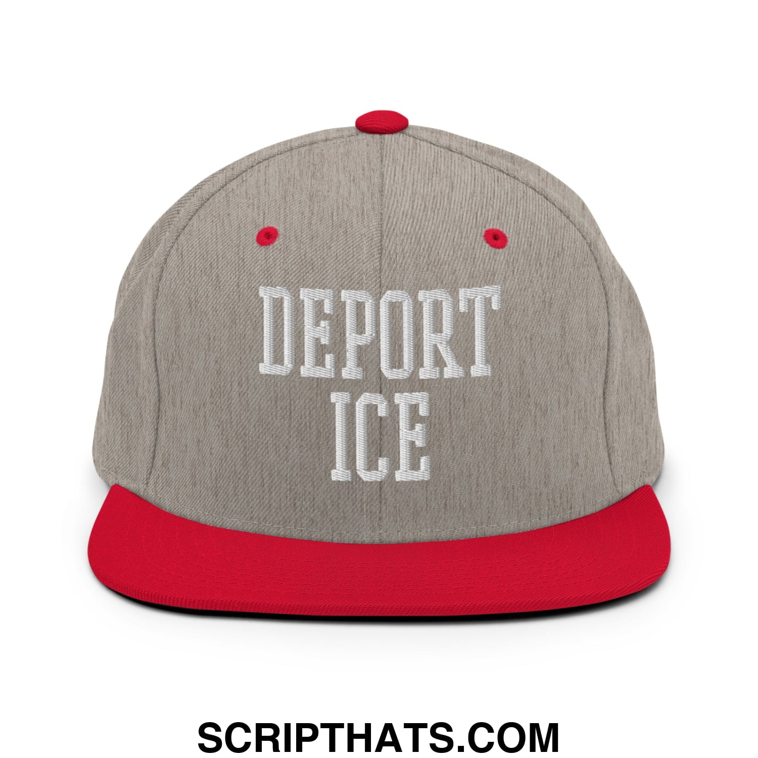 Gray and red snapback cap with white embroidered deport ice text flat bill brim for casual wear