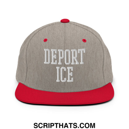 Gray and red snapback cap with white embroidered deport ice text flat bill brim for casual wear