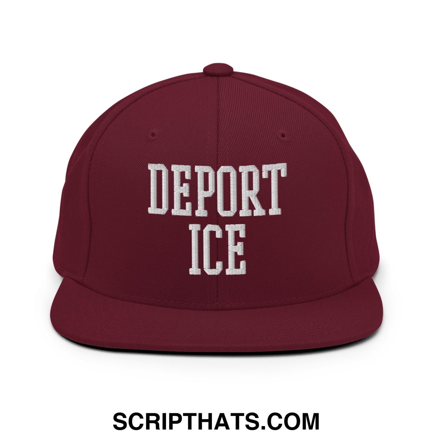 Maroon snapback hat with white embroidered deport ice text and flat bill brim in a casual style