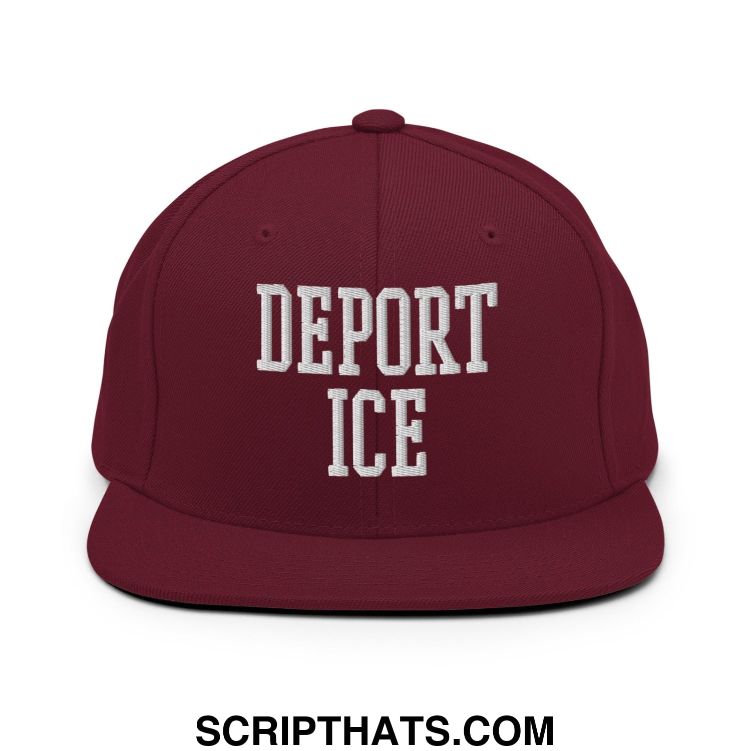 Maroon snapback hat with white embroidered deport ice text and flat bill brim in a casual style