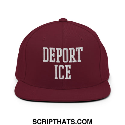 Maroon snapback hat with white embroidered deport ice text and flat bill brim in a casual style