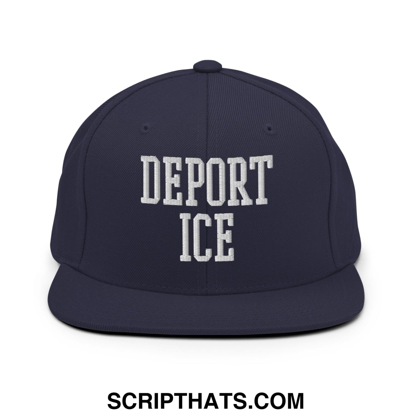 Navy blue flat bill snapback hat with white embroidered deport ice text in classic collegiate font