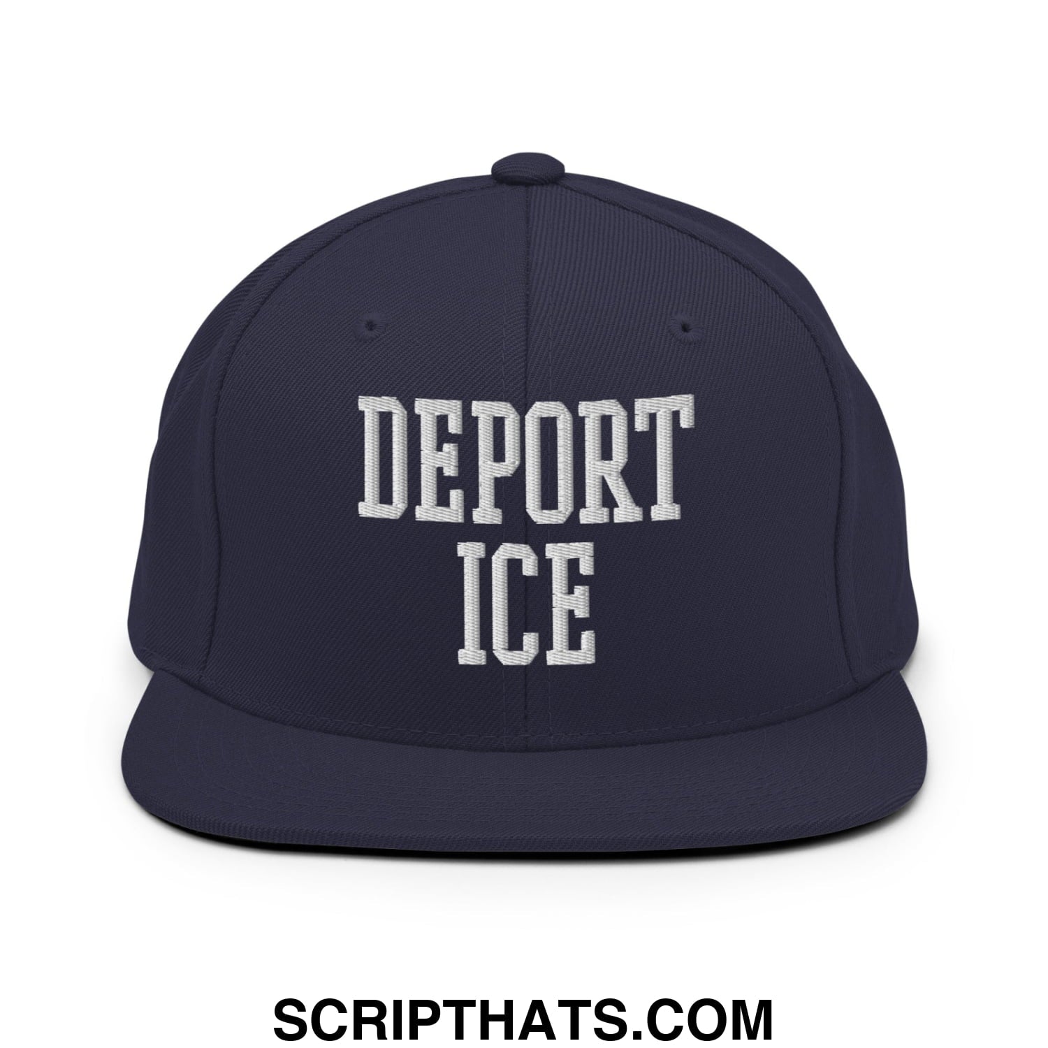 Navy blue flat bill snapback hat with white embroidered deport ice text in classic collegiate font
