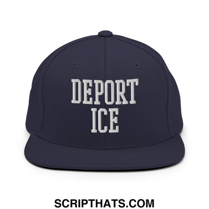 Navy blue flat bill snapback hat with white embroidered deport ice text in classic collegiate font