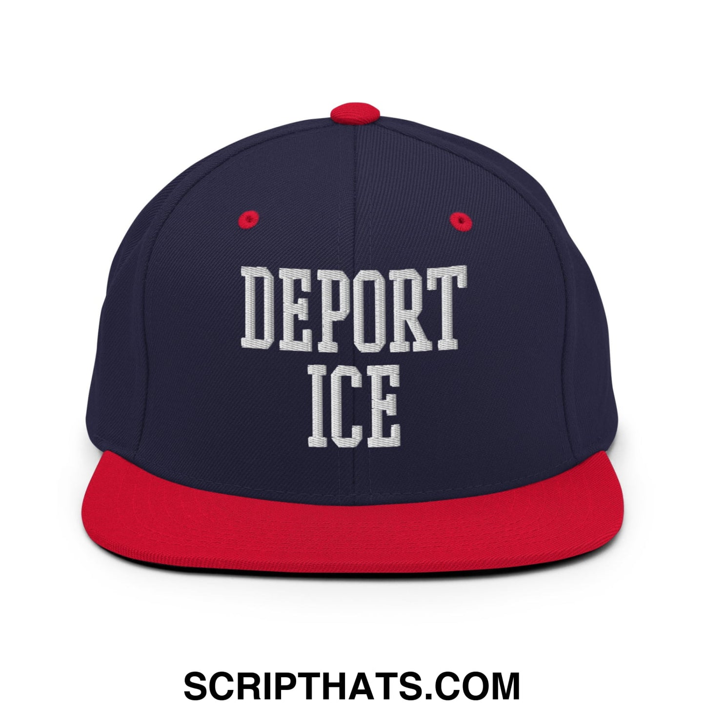 Navy blue and red snapback hat with white embroidered deport ice text and flat bill brim design