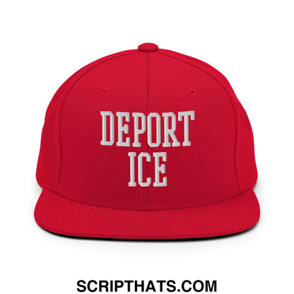 Red snapback hat with white embroidered deport ice text and flat bill brim for casual streetwear style