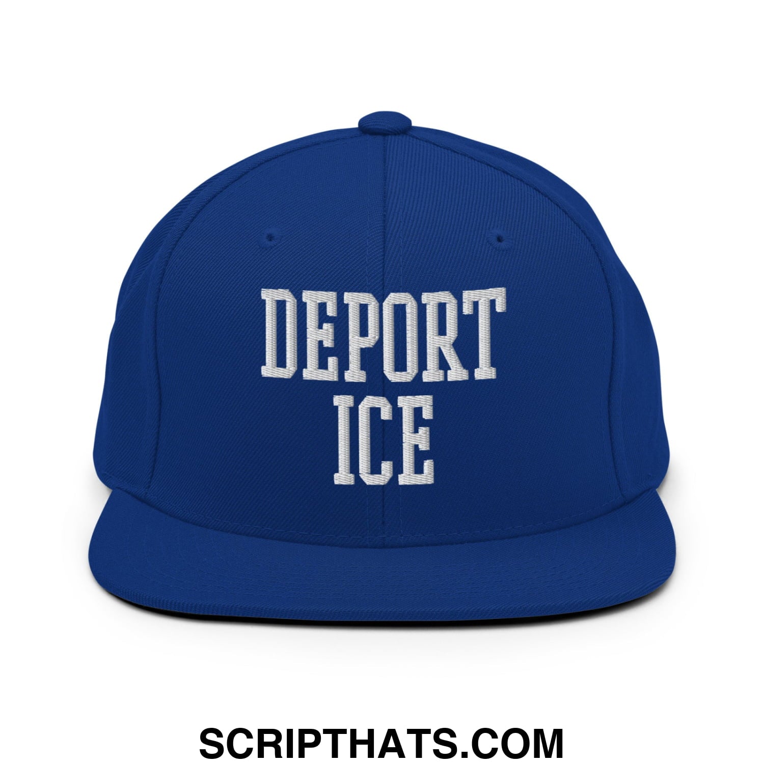 Royal blue snapback hat with white embroidered deport ice text in classic collegiate font and flat bill brim