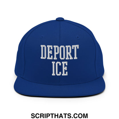 Royal blue snapback hat with white embroidered deport ice text in classic collegiate font and flat bill brim