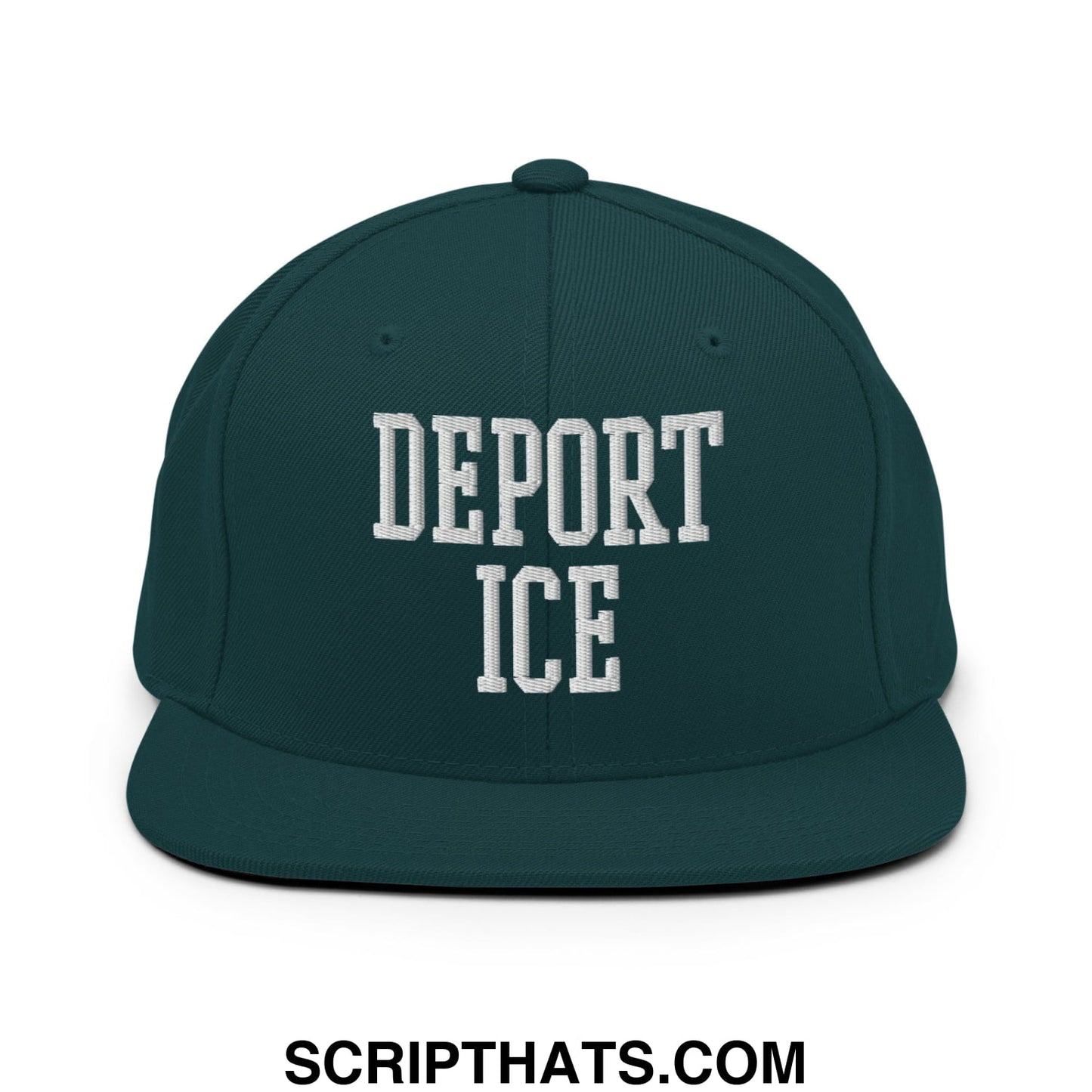 Dark green snapback cap with white embroidered deport ice text in a classic collegiate font flat bill brim