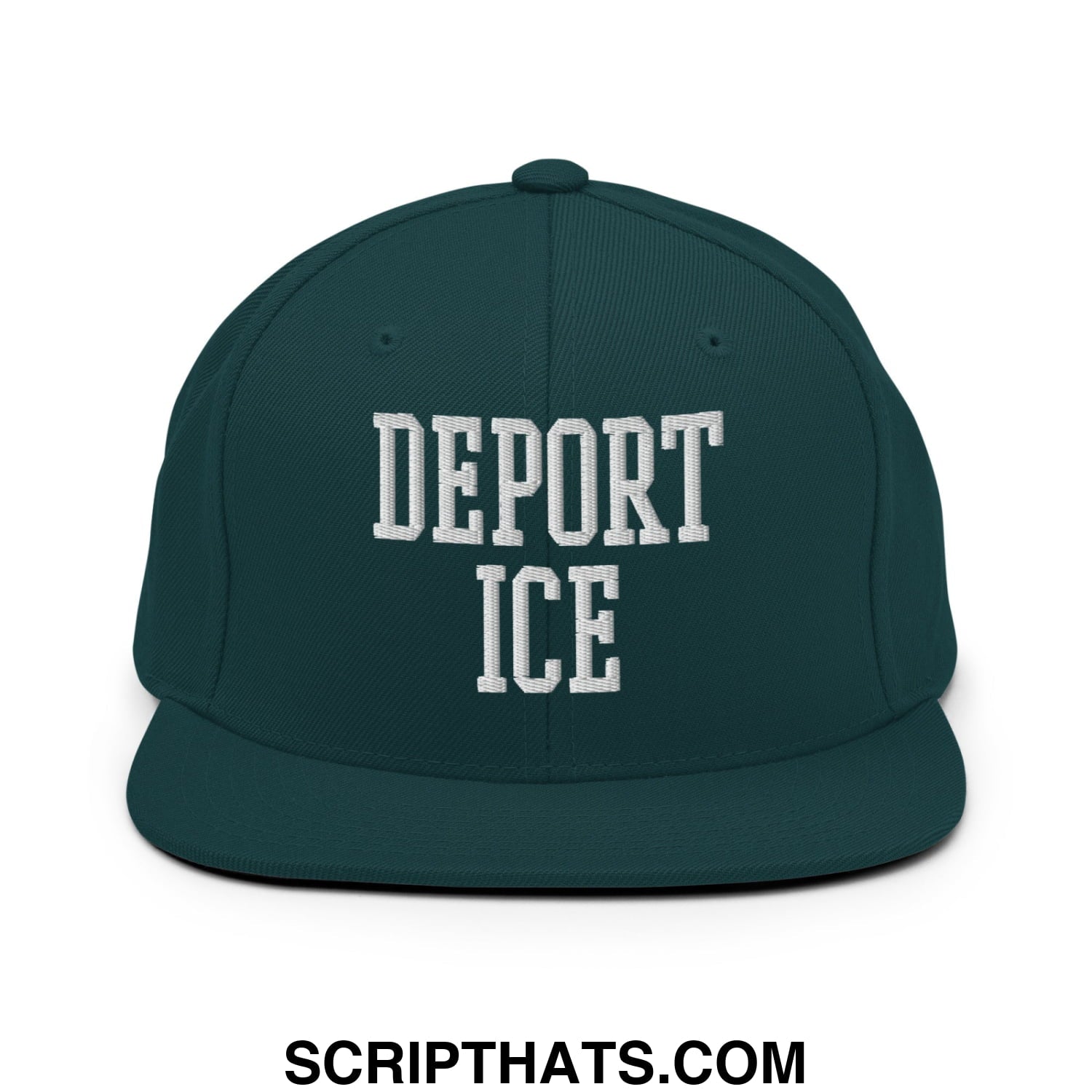 Dark green snapback cap with white embroidered deport ice text in a classic collegiate font flat bill brim