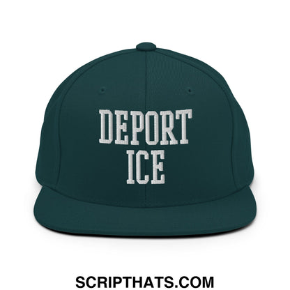 Dark green snapback cap with white embroidered deport ice text in a classic collegiate font flat bill brim