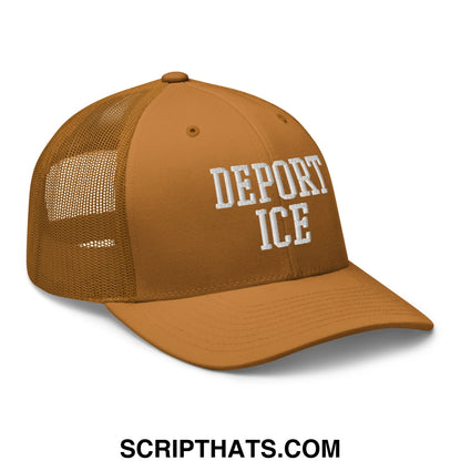 Tan mesh trucker hat featuring white embroidered deport ice text on the front for casual outdoor wear
