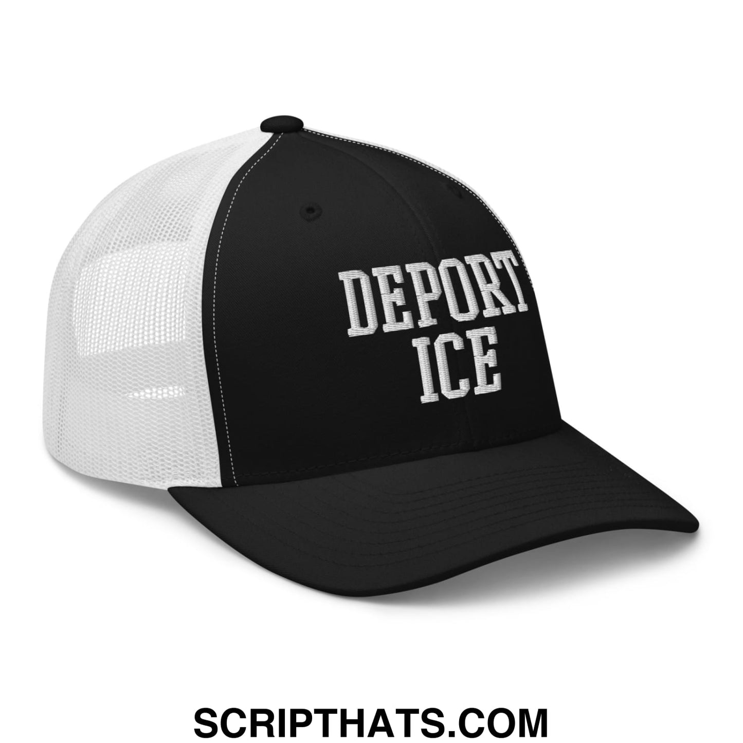 Black and white mesh trucker hat with bold raised embroidered deport ice lettering on front panel