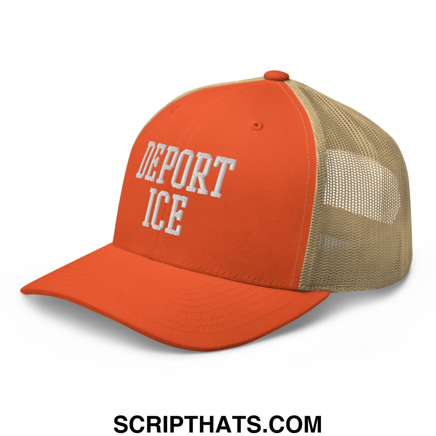 Orange and tan mesh trucker hat with deport ice embroidered in white on the front panel