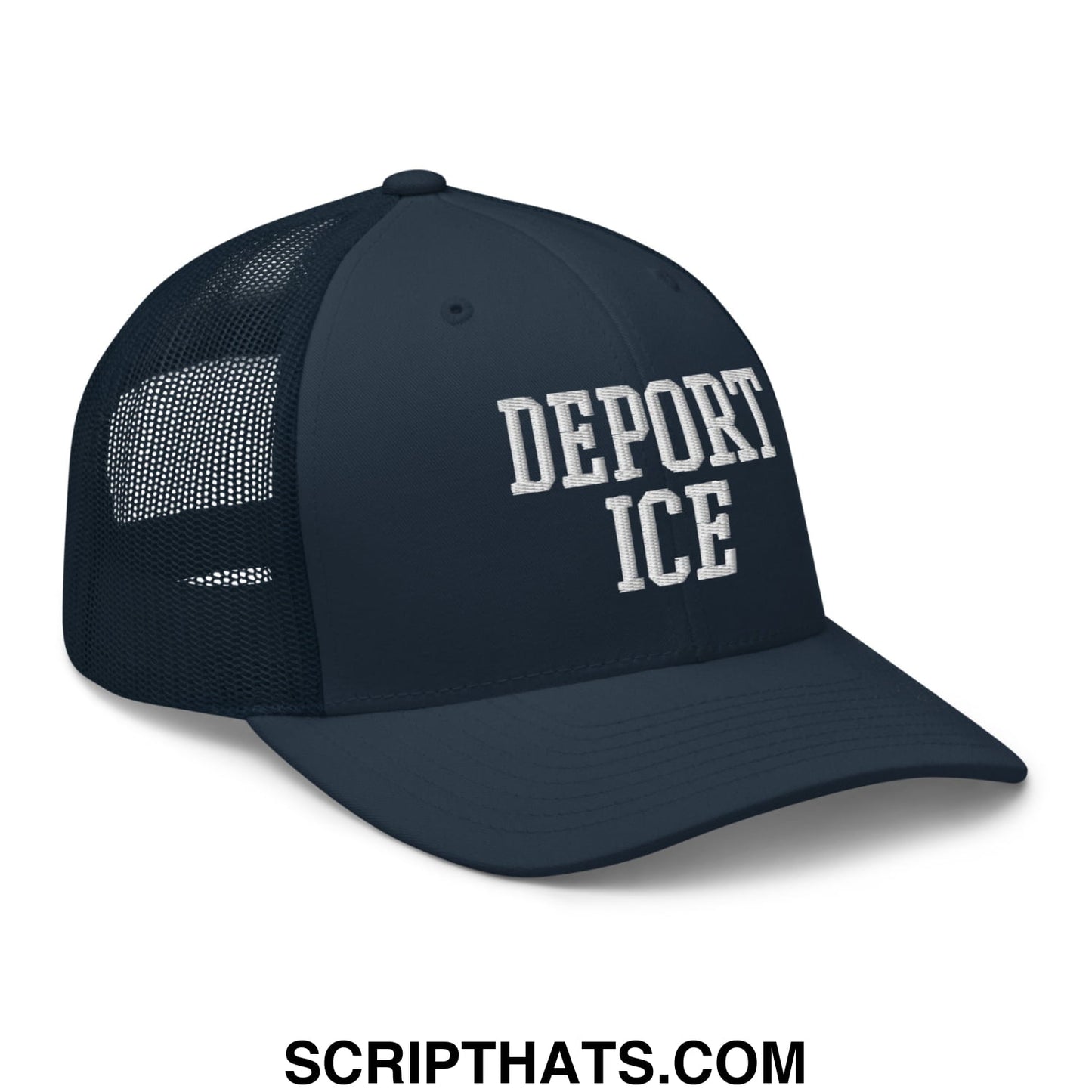 Dark navy mesh trucker hat with white embroidered deport ICE text on the front panel