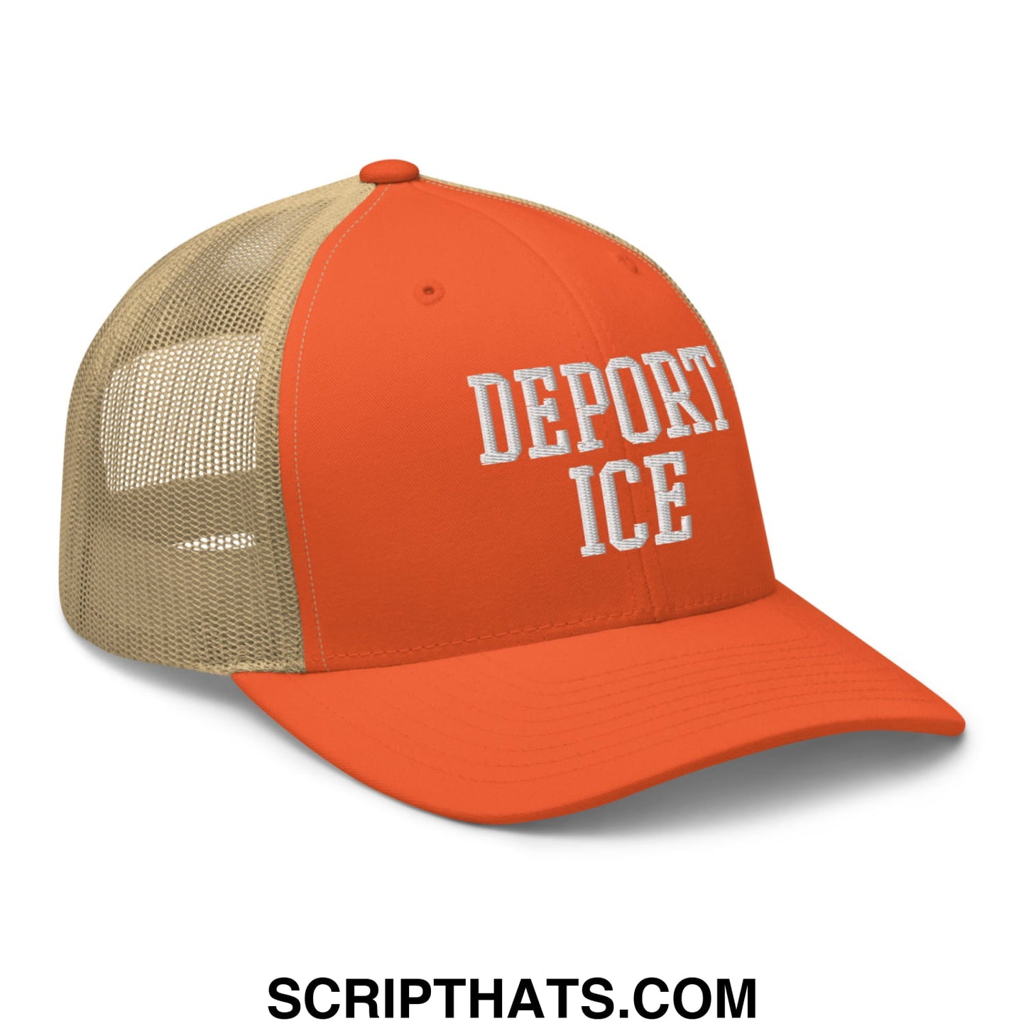 Orange and tan mesh trucker hat with deport ice embroidered in white on the front for casual wear
