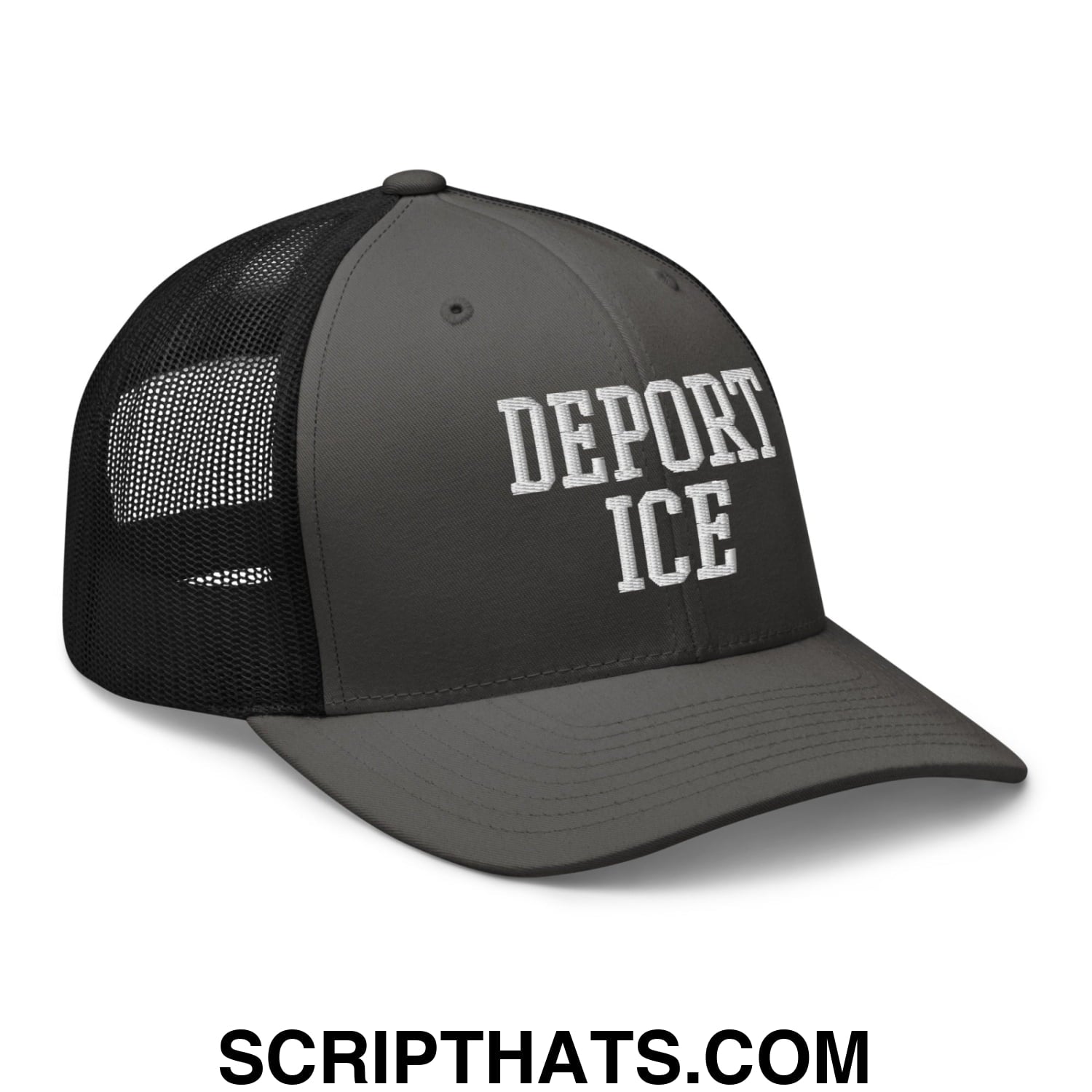 Deport ICE Embroidered Mesh Trucker Hat Charcoal Black