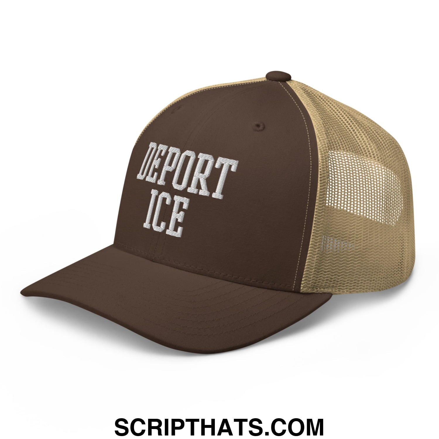 Brown and tan mesh trucker hat with deport ice embroidered in white on the front panel